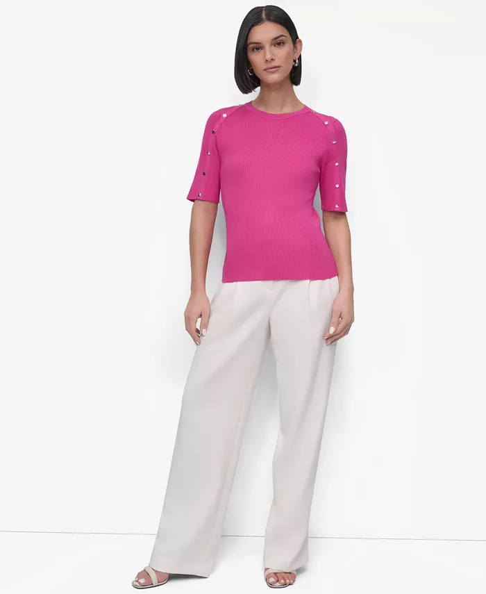 DKNY Women's Button-Shoulder Elbow-Sleeve Sweater Women's Fashion Shoes & Accessories