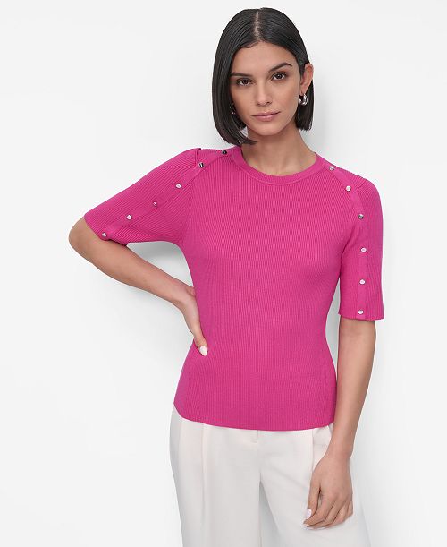 DKNY Women's Button-Shoulder Elbow-Sleeve Sweater Women's Fashion Shoes & Accessories