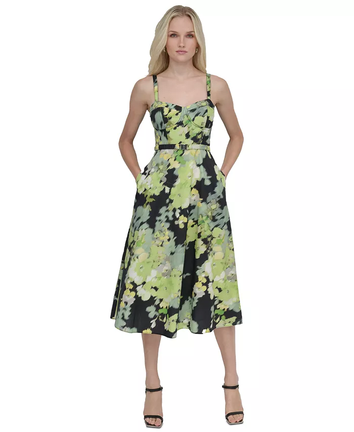 DKNY Women's Cotton Corset Belted Midi Dress Women's Fashion Shoes & Accessories