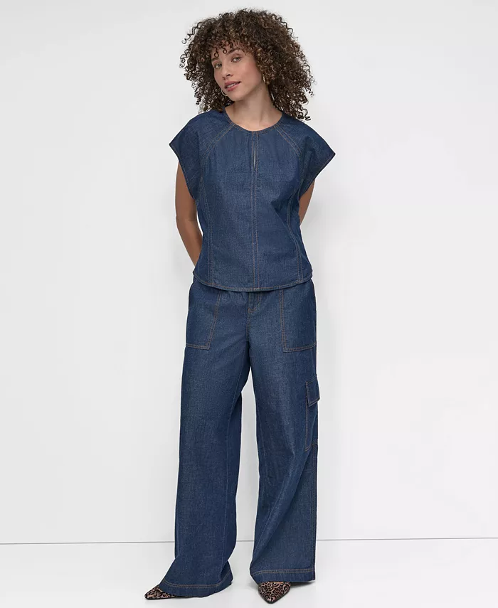 DKNY Women's Cotton Seamed Light-Weight Denim Top Women's Fashion Shoes & Accessories