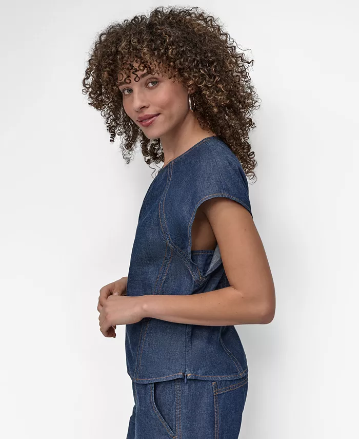 DKNY Women's Cotton Seamed Light-Weight Denim Top Women's Fashion Shoes & Accessories