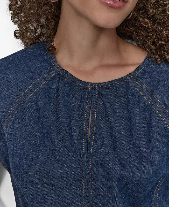 DKNY Women's Cotton Seamed Light-Weight Denim Top Women's Fashion Shoes & Accessories