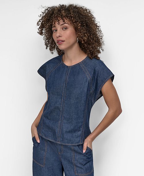 DKNY Women's Cotton Seamed Light-Weight Denim Top Women's Fashion Shoes & Accessories