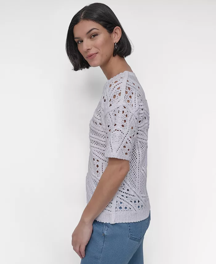 DKNY Women's Cotton Short-Sleeve Crochet Sweater Women's Fashion Shoes & Accessories