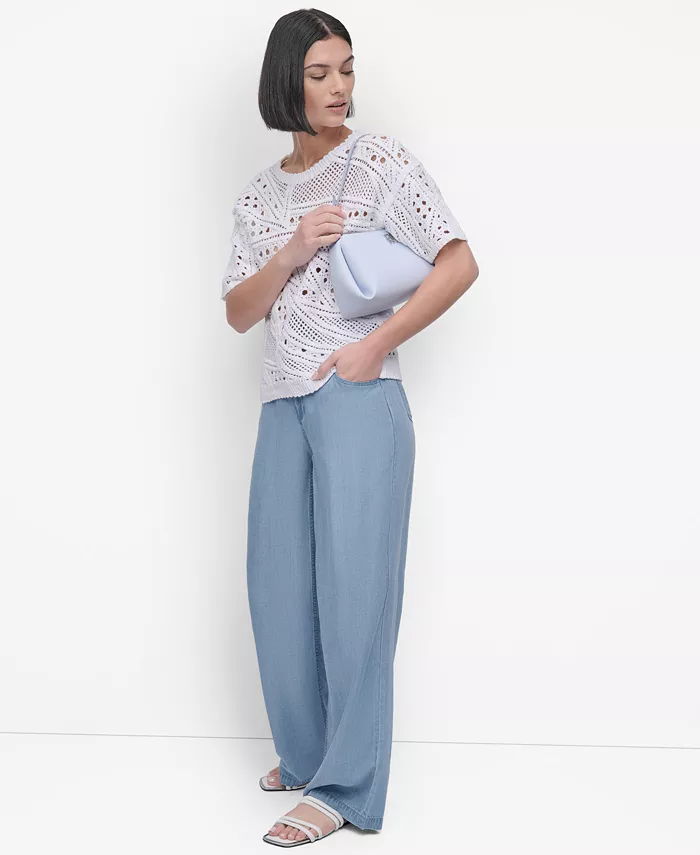 DKNY Women's Cotton Short-Sleeve Crochet Sweater Women's Fashion Shoes & Accessories