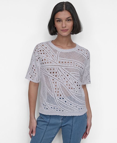 DKNY Women's Cotton Short-Sleeve Crochet Sweater Women's Fashion Shoes & Accessories