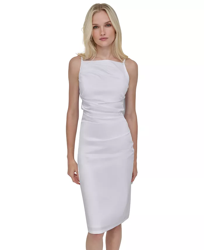 DKNY Women's Cotton Square-Neck Ruched Sleeveless Dress Women's Fashion Shoes & Accessories
