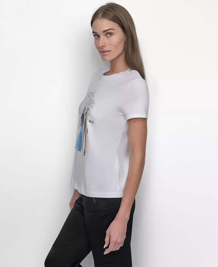 DKNY Women's Embellished Graphic T-Shirt Women's Fashion Shoes & Accessories