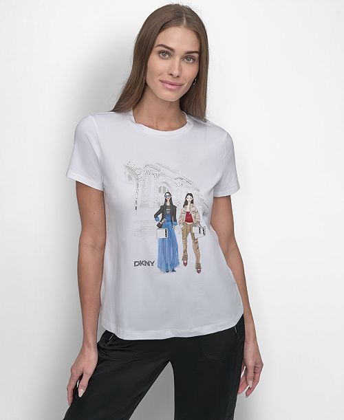 DKNY Women's Embellished Graphic T-Shirt Women's Fashion Shoes & Accessories