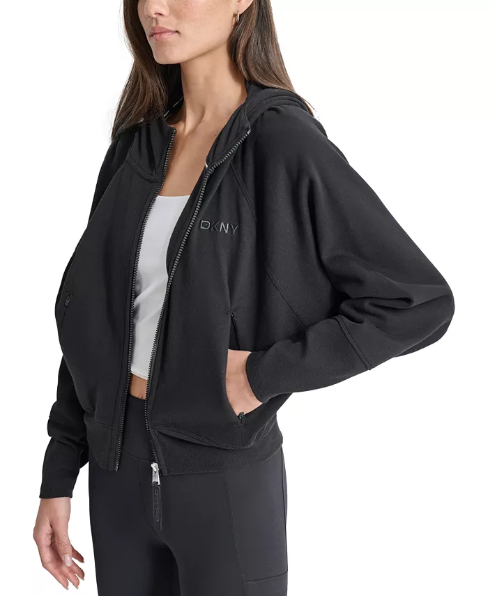 DKNY Women's Embroidered-Logo Cropped Zip-Front Fleece Hoodie Women's Fashion Shoes & Accessories