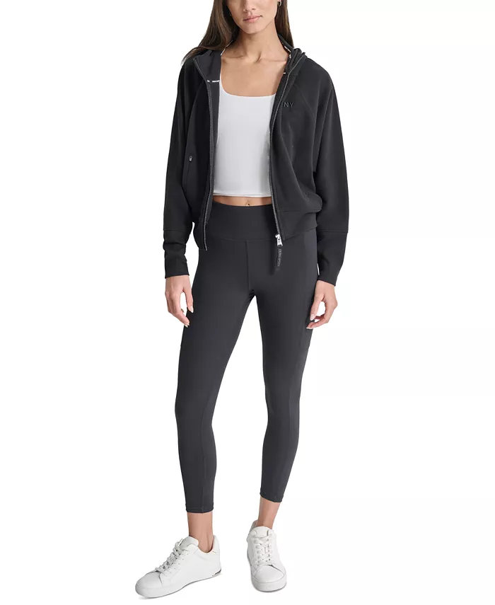 DKNY Women's Embroidered-Logo Cropped Zip-Front Fleece Hoodie Women's Fashion Shoes & Accessories