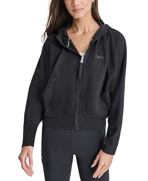 DKNY Women's Embroidered-Logo Cropped Zip-Front Fleece Hoodie Women's Fashion Shoes & Accessories