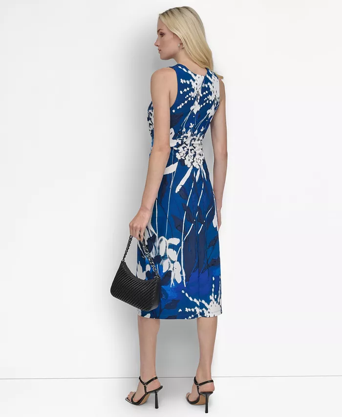 DKNY Women's Floral-Print Twisted-Waist Midi Dress Women's Fashion Shoes & Accessories