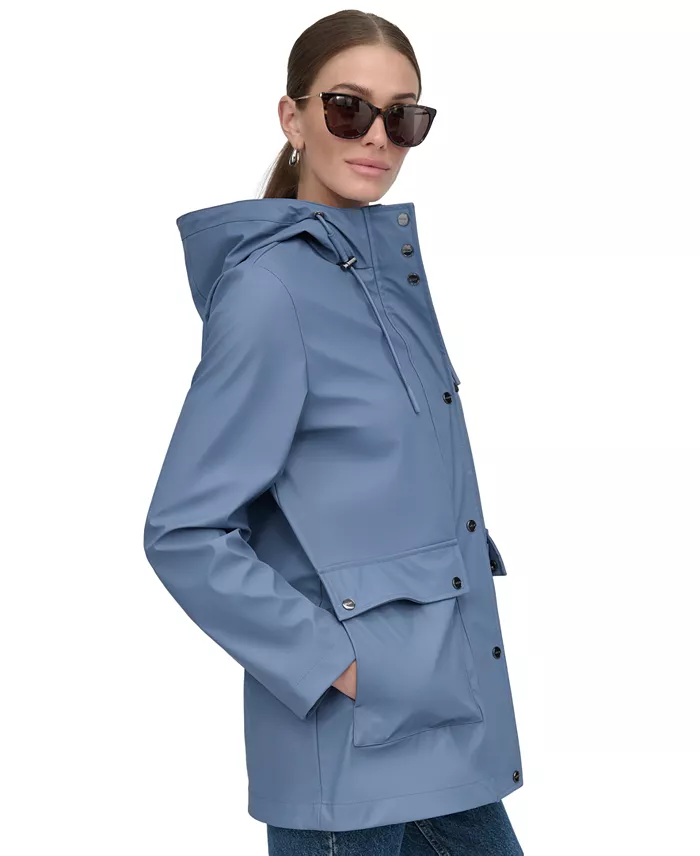 DKNY Women's Hooded Zip-Front Water-Resistant Raincoat Women's Fashion Shoes & Accessories