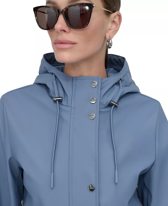DKNY Women's Hooded Zip-Front Water-Resistant Raincoat Women's Fashion Shoes & Accessories