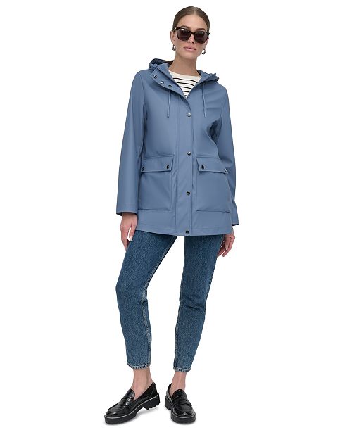 DKNY Women's Hooded Zip-Front Water-Resistant Raincoat Women's Fashion Shoes & Accessories
