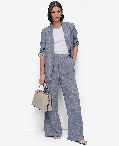 DKNY Women's Linen-Blend Blazer Crewneck Sleeveless Top & Wide-Leg Pants Women's Fashion Shoes & Accessories