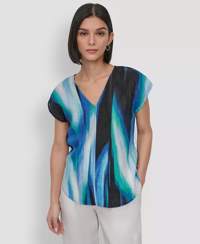 DKNY Women's Linen Printed V-Neck Top Women's Fashion Shoes & Accessories