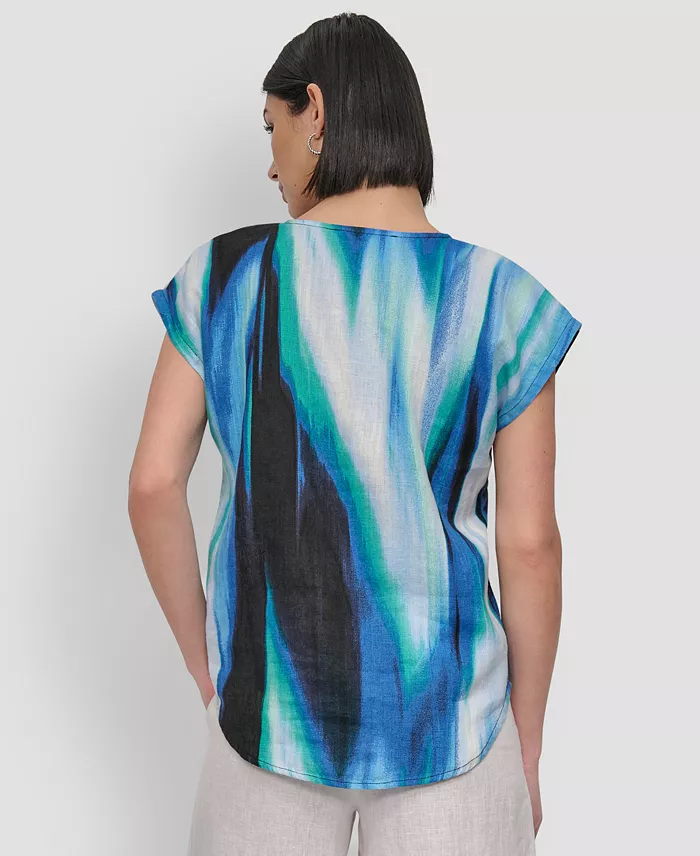 DKNY Women's Linen Printed V-Neck Top Women's Fashion Shoes & Accessories