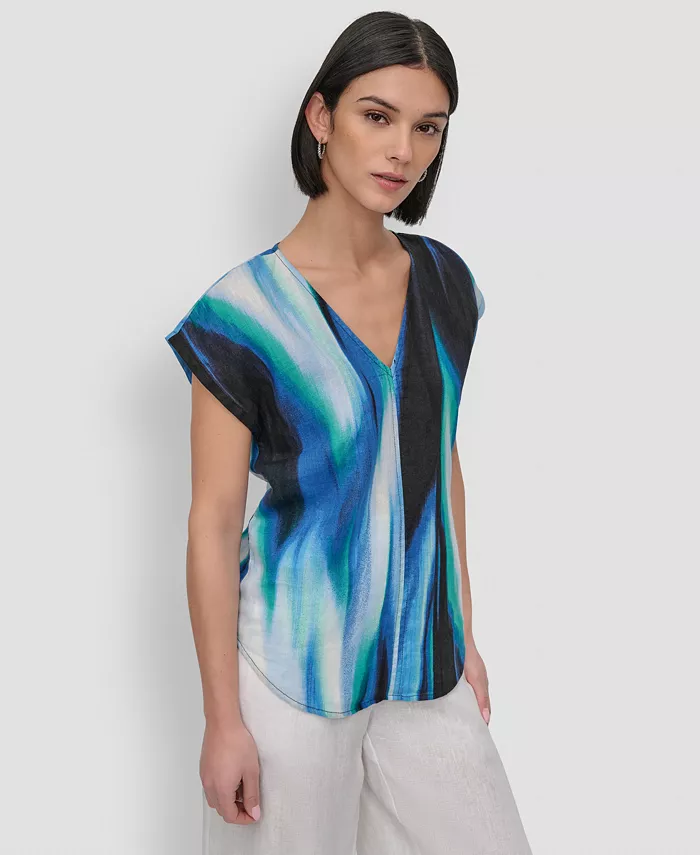 DKNY Women's Linen Printed V-Neck Top Women's Fashion Shoes & Accessories