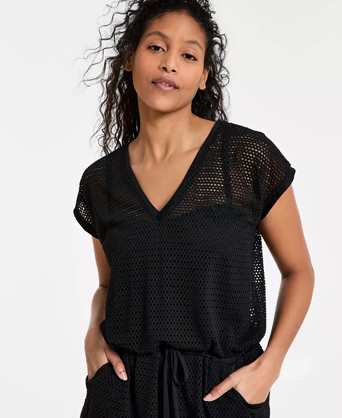 DKNY Women's Mesh Drawstring Tunic Swim Cover-Up Women's Fashion Shoes & Accessories