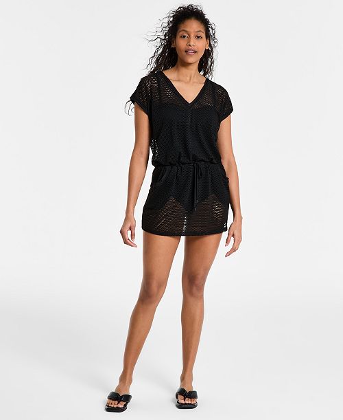 DKNY Women's Mesh Drawstring Tunic Swim Cover-Up Women's Fashion Shoes & Accessories