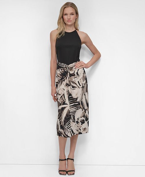 DKNY Women's Mixed-Media Tie-Front Midi Dress Women's Fashion Shoes & Accessories