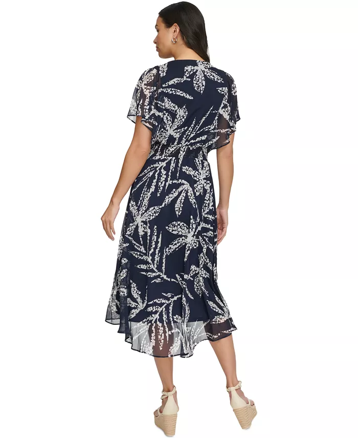 DKNY Women's Printed Chiffon Flutter-Sleeve Midi Dress Women's Fashion Shoes & Accessories