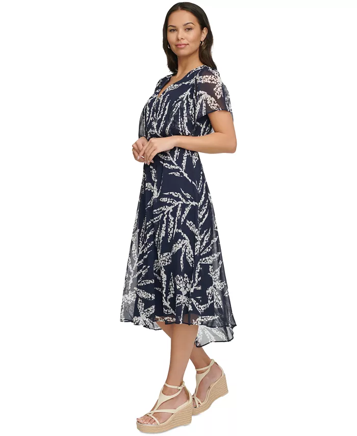 DKNY Women's Printed Chiffon Flutter-Sleeve Midi Dress Women's Fashion Shoes & Accessories