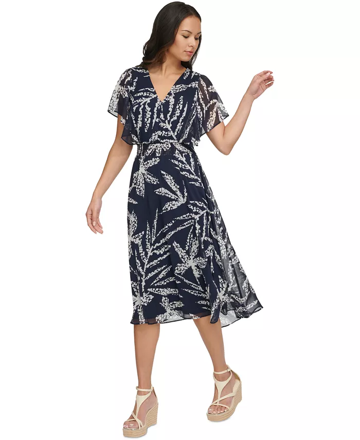 DKNY Women's Printed Chiffon Flutter-Sleeve Midi Dress Women's Fashion Shoes & Accessories