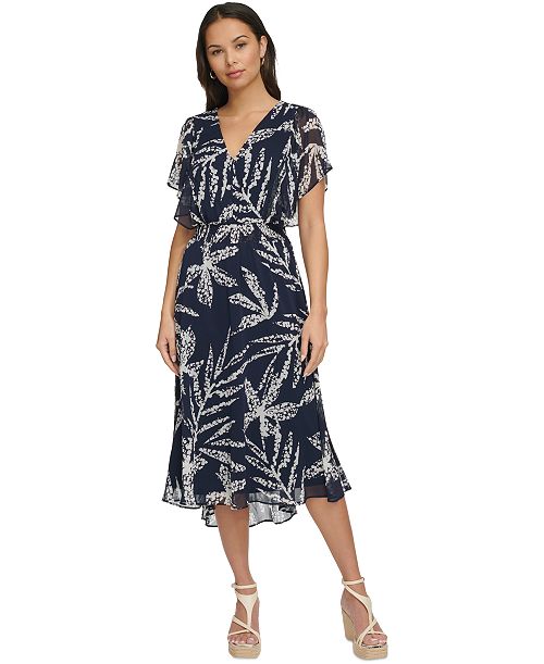 DKNY Women's Printed Chiffon Flutter-Sleeve Midi Dress Women's Fashion Shoes & Accessories