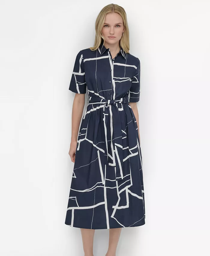 DKNY Women's Printed Cotton Shirt Dress Women's Fashion Shoes & Accessories