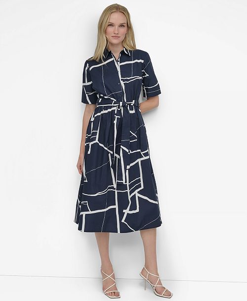 DKNY Women's Printed Cotton Shirt Dress Women's Fashion Shoes & Accessories