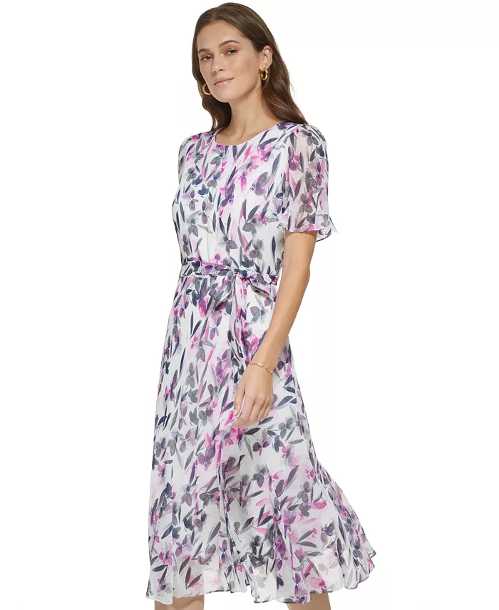 DKNY Women's Printed Midi Dress Women's Fashion Shoes & Accessories