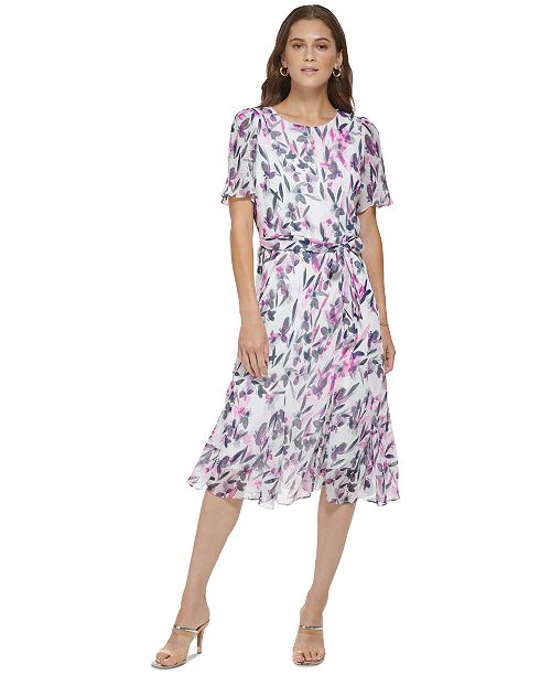 DKNY Women's Printed Midi Dress Women's Fashion Shoes & Accessories