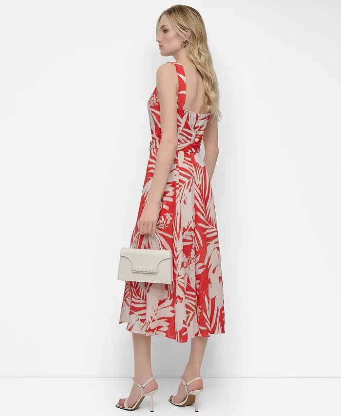 DKNY Women's Printed V-neck Belted Sleeveless Midi Dress Women's Fashion Shoes & Accessories