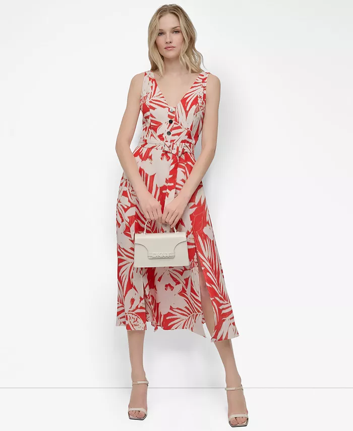 DKNY Women's Printed V-neck Belted Sleeveless Midi Dress Women's Fashion Shoes & Accessories