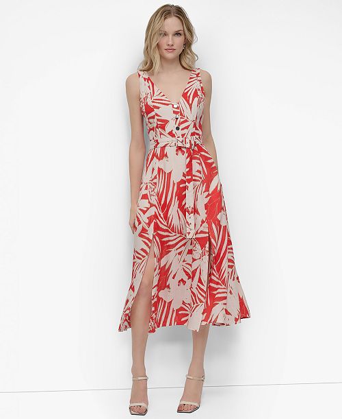 DKNY Women's Printed V-neck Belted Sleeveless Midi Dress Women's Fashion Shoes & Accessories