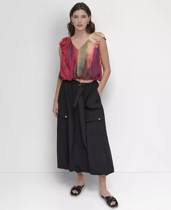 DKNY Women's Rumpled Abstract-Print Blouse Women's Fashion Shoes & Accessories