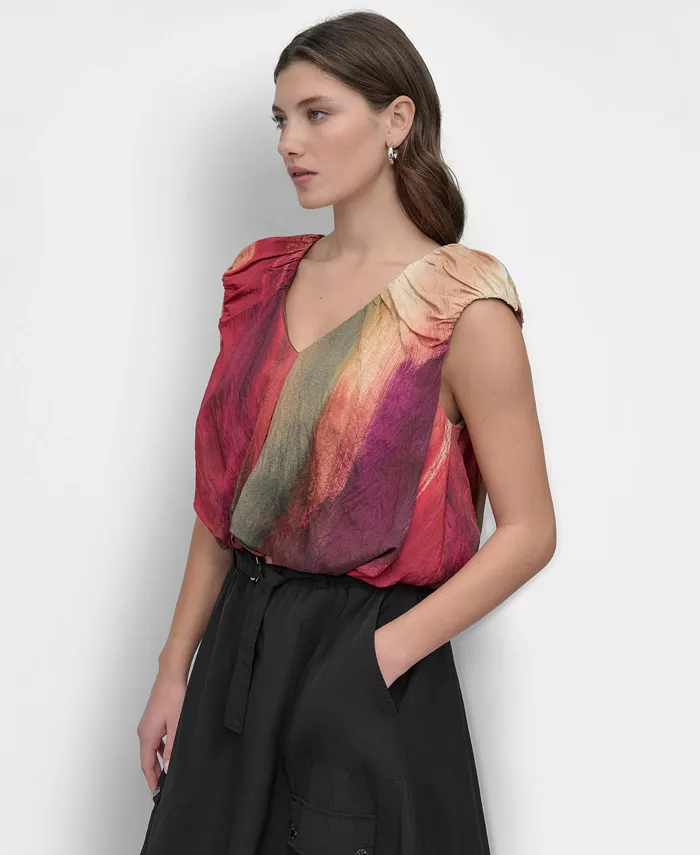 DKNY Women's Rumpled Abstract-Print Blouse Women's Fashion Shoes & Accessories
