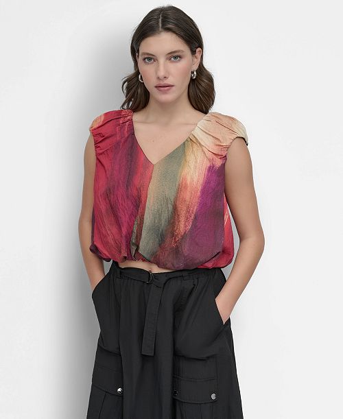 DKNY Women's Rumpled Abstract-Print Blouse Women's Fashion Shoes & Accessories
