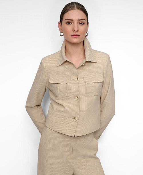 DKNY Women's Seersucker Button-Front Cropped Jacket Women's Fashion Shoes & Accessories