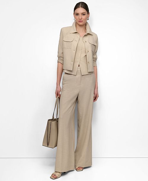 DKNY Women's Seersucker Square-Neck Bustier Top Seersucker Button-Front Cropped Jacket & Seersucker High Rise Wide-Leg Pants Women's Fashion Shoes & Accessories