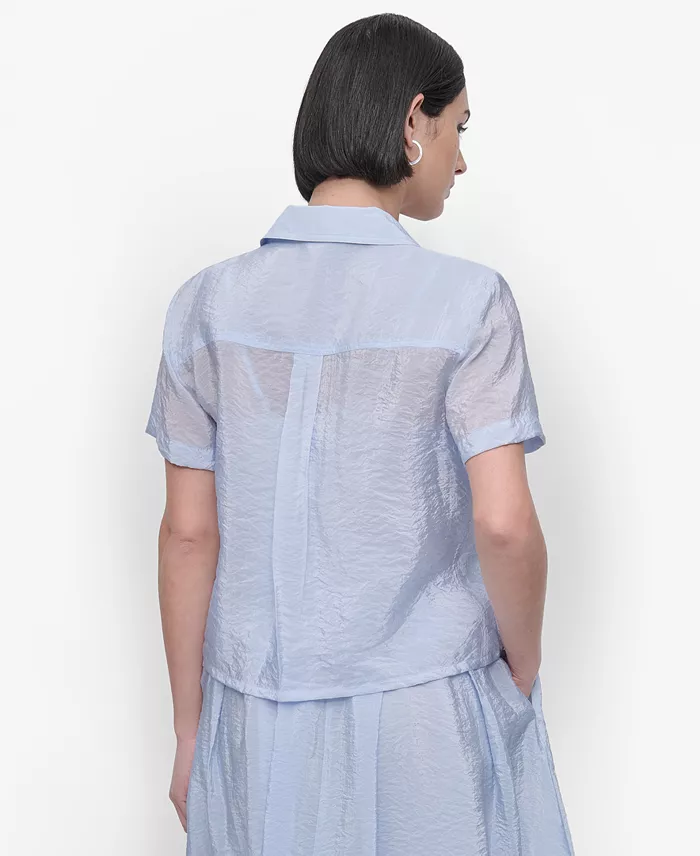 DKNY Women's Short-Sleeve Button-Front Tech Shirt Women's Fashion Shoes & Accessories