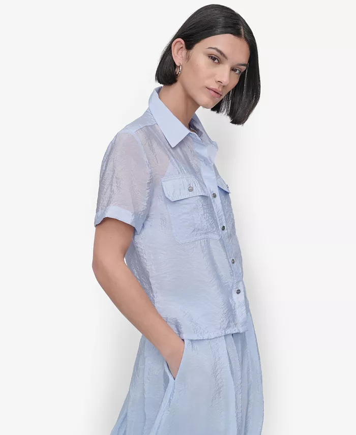 DKNY Women's Short-Sleeve Button-Front Tech Shirt Women's Fashion Shoes & Accessories