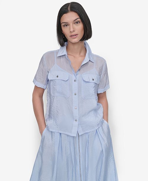 DKNY Women's Short-Sleeve Button-Front Tech Shirt Women's Fashion Shoes & Accessories