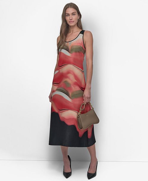 DKNY Women's Sleeveless Border Print Shift Dress Women's Fashion Shoes & Accessories