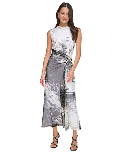 DKNY Women's Sleeveless Cowlneck Side-Ruched Midi Dress Women's Fashion Shoes & Accessories