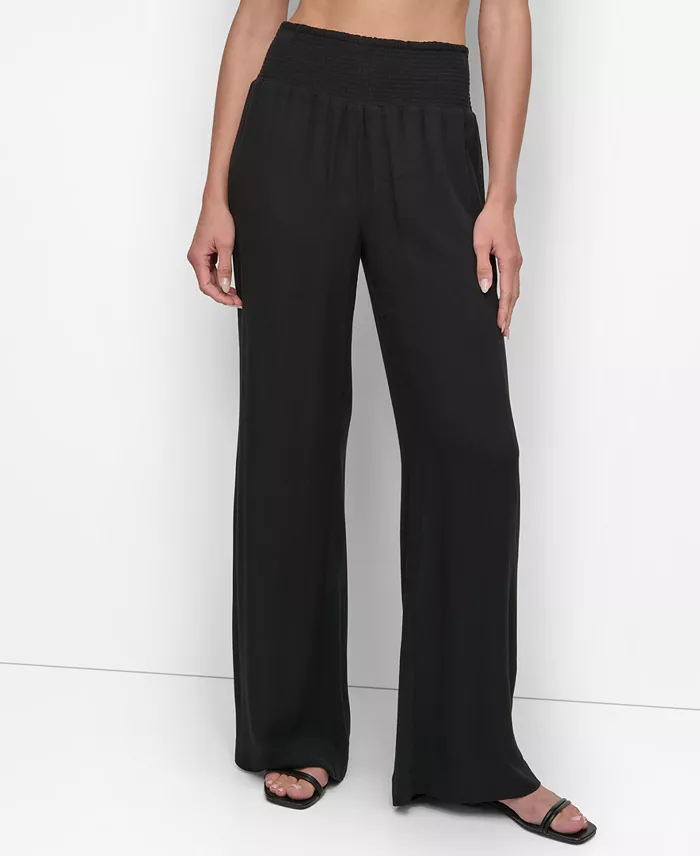 DKNY Women's Smocked-Waist Cover-Up Pull-On Pants Women's Fashion Shoes & Accessories
