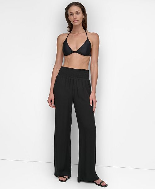 DKNY Women's Smocked-Waist Cover-Up Pull-On Pants Women's Fashion Shoes & Accessories